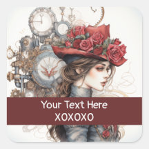 Lady in Red Valentine Kiss steampunk watercolor
