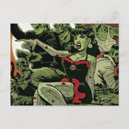 Lady In Red With Zombies Vintage Halloween Theme Postcard