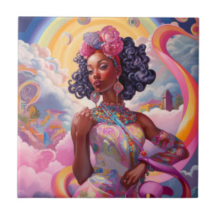 Lady In Surreal World African American Art Pink Ceramic Tile