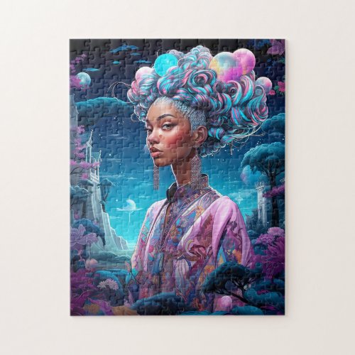 Lady In Surreal World African American Art Purple Jigsaw Puzzle