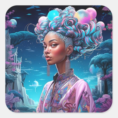 Lady In Surreal World African American Art Purple Square Sticker