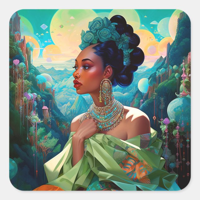 Lady In Surreal World African American Art Square Sticker (Front)