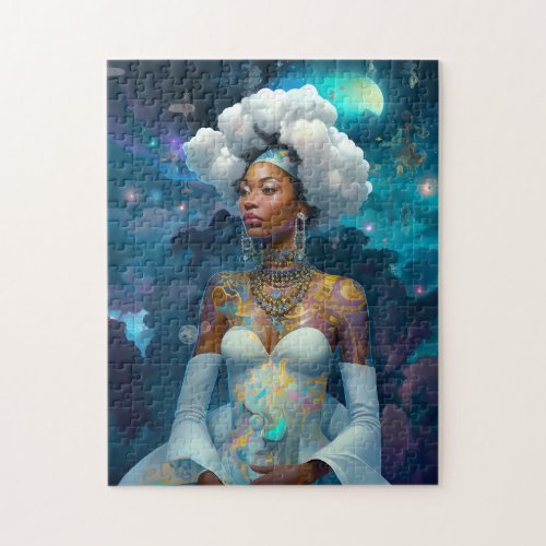 Lady In Surreal World Cosmic African American Art Jigsaw Puzzle