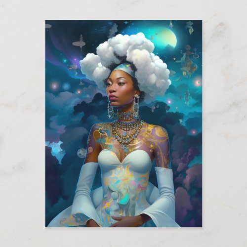 Lady In Surreal World Cosmic African American Art Postcard