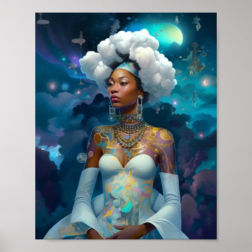 Lady In Surreal World Cosmic African American Art Poster