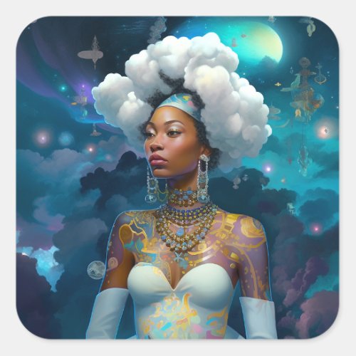 Lady In Surreal World Cosmic African American Art Square Sticker