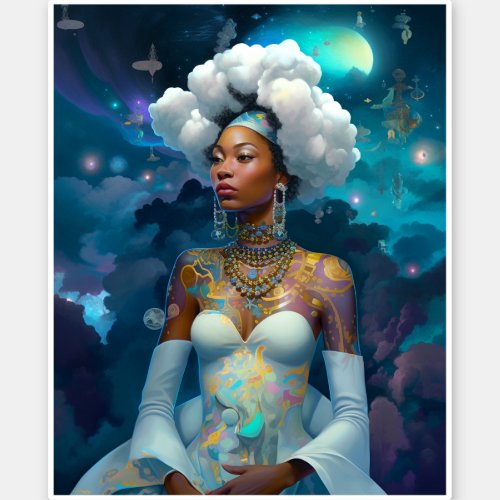 Lady In Surreal World Cosmic African American Art Sticker