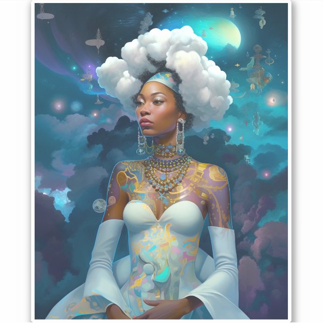 Lady In Surreal World Cosmic African American Art Sticker (Front)