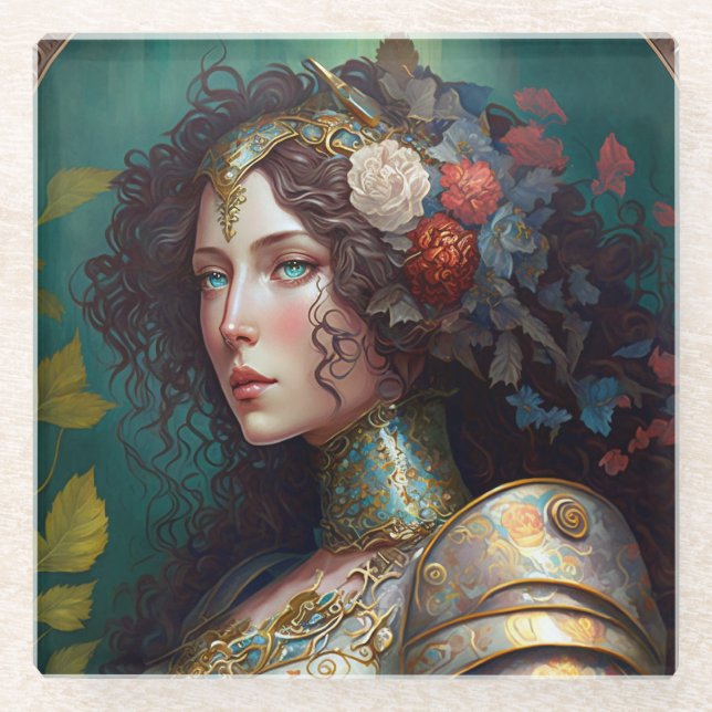 Lady Knight Warrior Armor Fantasy Art Glass Coaster (Front)