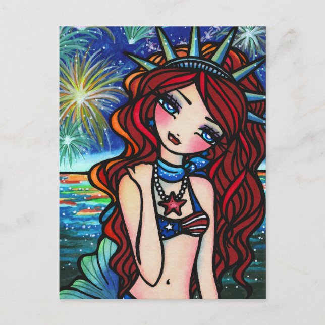 Lady Liberty 4th of July Mermaid Art Postcard (Front)