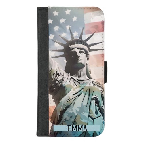 Lady Liberty and the American Flag Custom Name iPhone 87 Plus Wallet Case