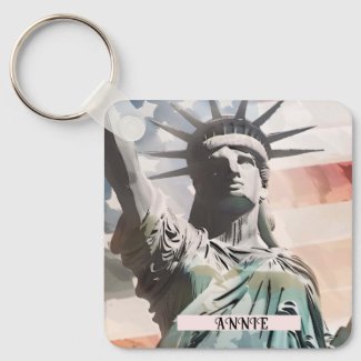 Lady Liberty and the American Flag Custom Name Keychain