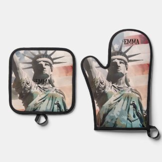 Lady Liberty and the American Flag Custom Name Oven Mitt & Pot Holder Set