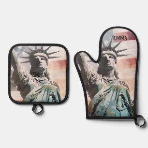 Lady Liberty and the American Flag Custom Name Oven Mitt & Pot Holder Set