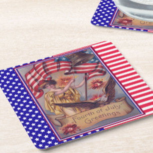 Lady Liberty Fourth of July Patriotic Flag Square Paper Coaster