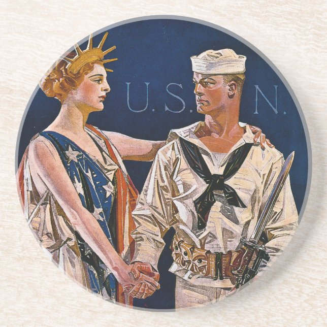 Lady Liberty Meets the U.S. Navy Sandstone Coaster (Front)