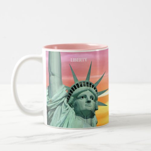 Lady Liberty on Pink Sky Two_Tone Coffee Mug