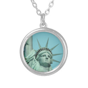 Lady Liberty on Sky Blue Silver Plated Necklace