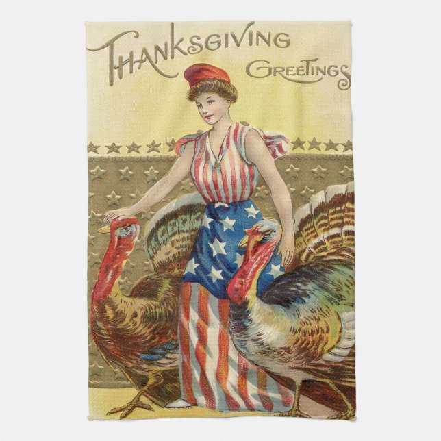 Lady Liberty Turkeys US Flag Patriotic Towel (Vertical)