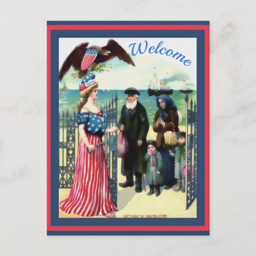 Lady Liberty Welcoming Immigrants altered vintage Postcard