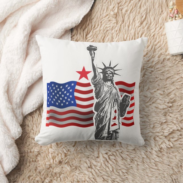 Lady Liberty With American Flag  Throw Pillow (Blanket)