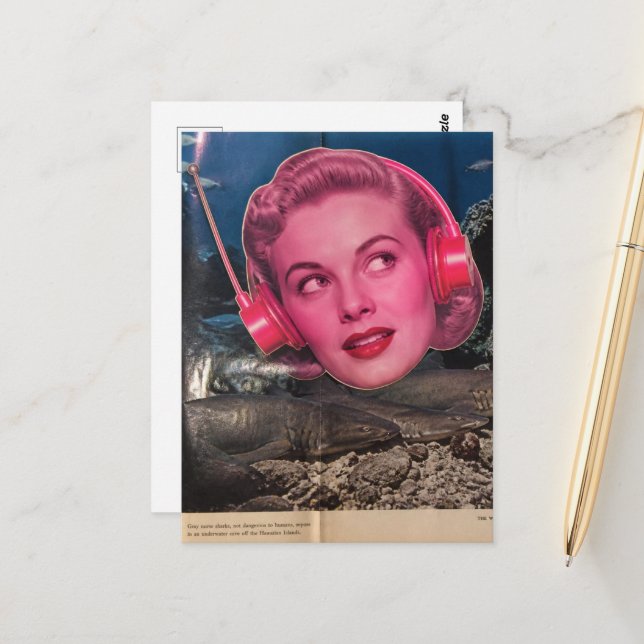Lady Listens to Music in the Sea With Sharks Postcard (Front/Back In Situ)