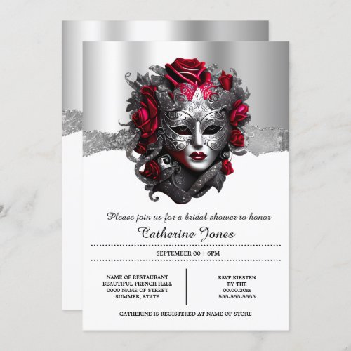 Lady masquerade venetian face mask silver red chic invitation