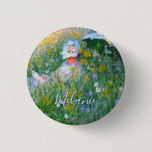 Lady of Claude Monet Painting Dans La Prairie Button (Front)