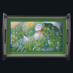 Lady of Claude Monet Painting Dans La Prairie Serving Tray<br><div class="desc">Pretty impressionist painting of a Victorian Lady reading in a meadow. "Dans la prairie" translates to "In the meadow". Claude Monet, in his inimitable style captures a perfect summer day. The lady is wearing her best Sunday white dress and bonnet. A meadow filled with lovely flowers, including daisies, of course....</div>