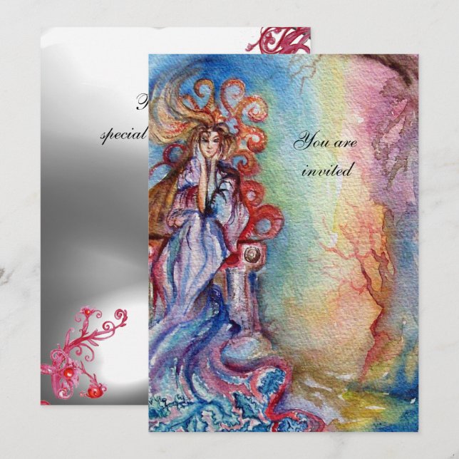 LADY OF LAKE , vibrant bright blue pink gem moon Invitation (Front/Back)