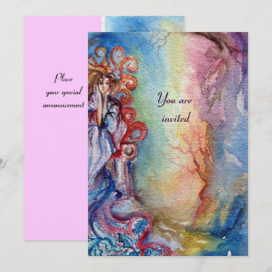 LADY OF LAKE , vibrant bright blue pink Invitation