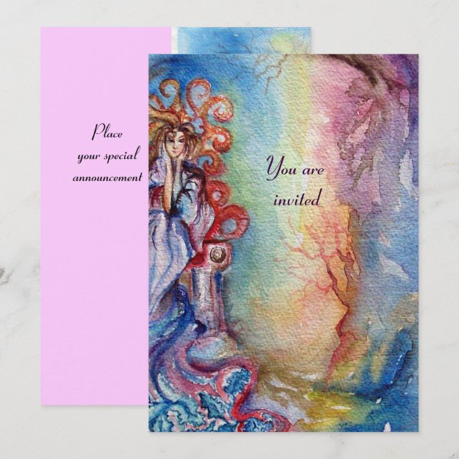 LADY OF LAKE , vibrant bright blue pink Invitation (Front/Back)