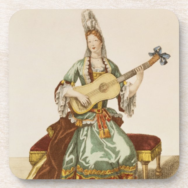 Lady of Quality Playing the Guitar, fashion plate, Drink Coaster (Front)