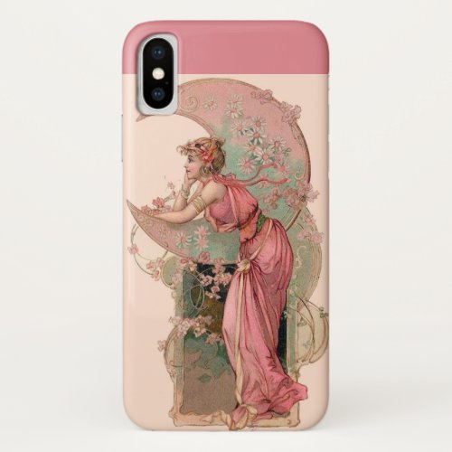 LADY OF THE MOON WITH FLOWERS IN PINK iPhone X CASE
