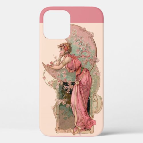 LADY OF THE MOON WITH FLOWERS IN PINK iPhone 12 CASE