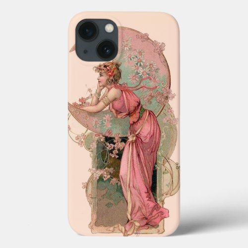 LADY OF THE MOON WITH FLOWERS IN PINK iPhone 13 CASE