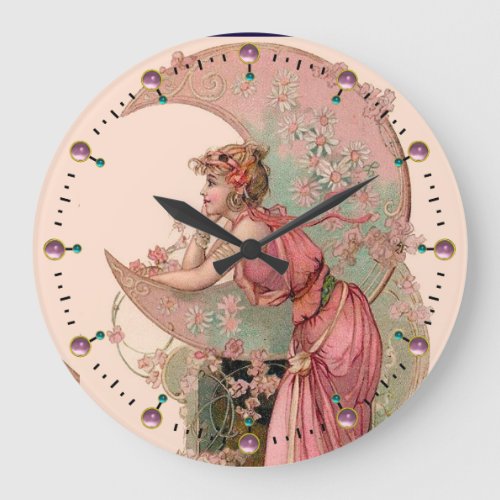 LADY OF THE MOON WITH FLOWERS IN PINK LARGE CLOCK