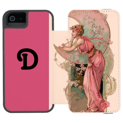 LADY OF THE MOON WITH FLOWERS IN PINK MONOGRAM iPhone SE55s WALLET CASE