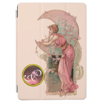 Lady Of The Moon With Flowers In Pink Monogram Ipad Air Cover by bulgan_lumini at Zazzle