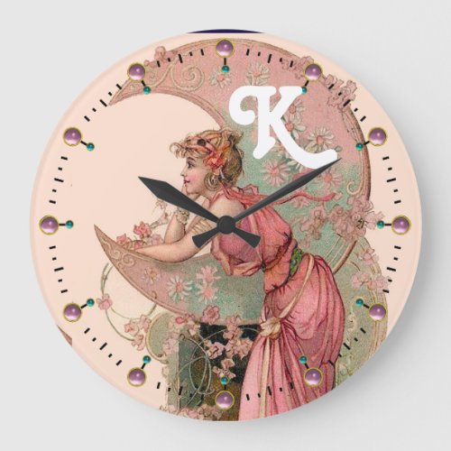 LADY OF THE MOON WITH FLOWERS IN PINK MONOGRAM LARGE CLOCK