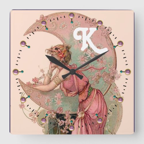 LADY OF THE MOON WITH FLOWERS IN PINK MONOGRAM SQUARE WALL CLOCK