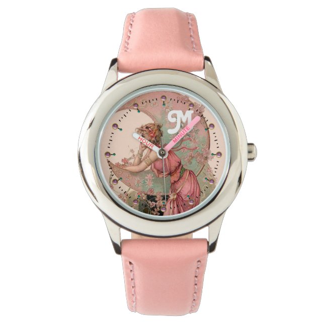 LADY OF THE MOON WITH FLOWERS IN PINK MONOGRAM WATCH (Front)