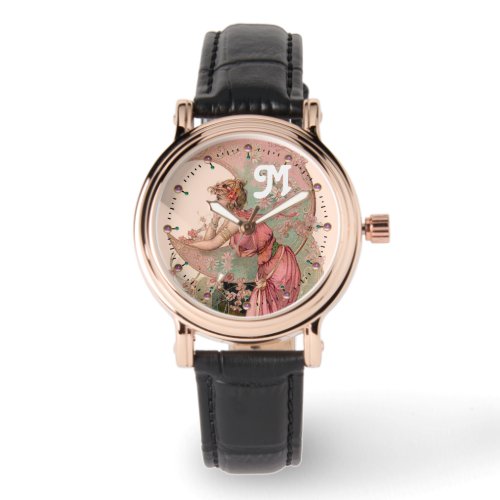 LADY OF THE MOON WITH FLOWERS IN PINK MONOGRAM WATCH