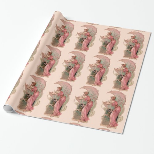 LADY OF THE MOON WITH FLOWERS IN PINK WRAPPING PAPER
