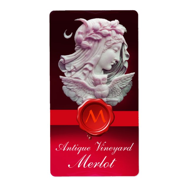LADY OF THE NIGHT,OWL RED WAX SEAL MONOGRAM Wine Label (Front)