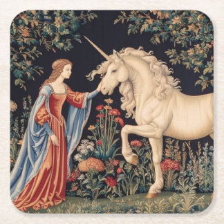 Lady of the Unicorn in a Garden Square Paper Coaster