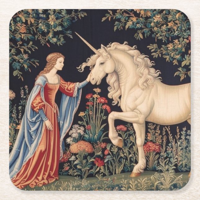Lady of the Unicorn in a Garden Square Paper Coaster (Front)