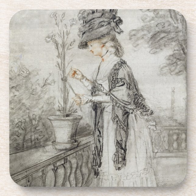 Lady on a Terrace Tending a Carnation Plant (black Beverage Coaster (Front)