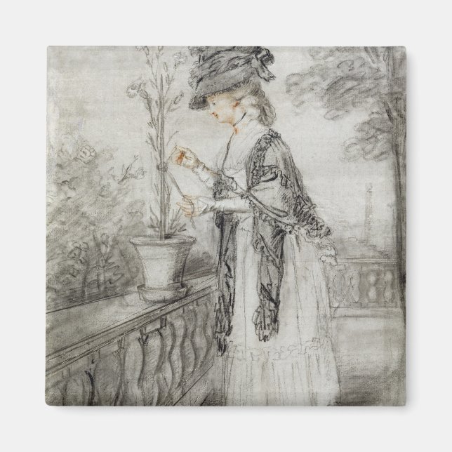 Lady on a Terrace Tending a Carnation Plant (black Magnet (Front)