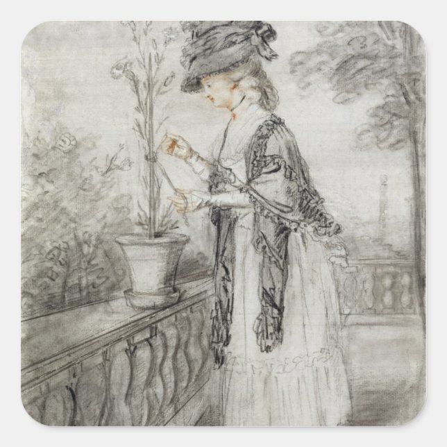 Lady on a Terrace Tending a Carnation Plant (black Square Sticker (Front)